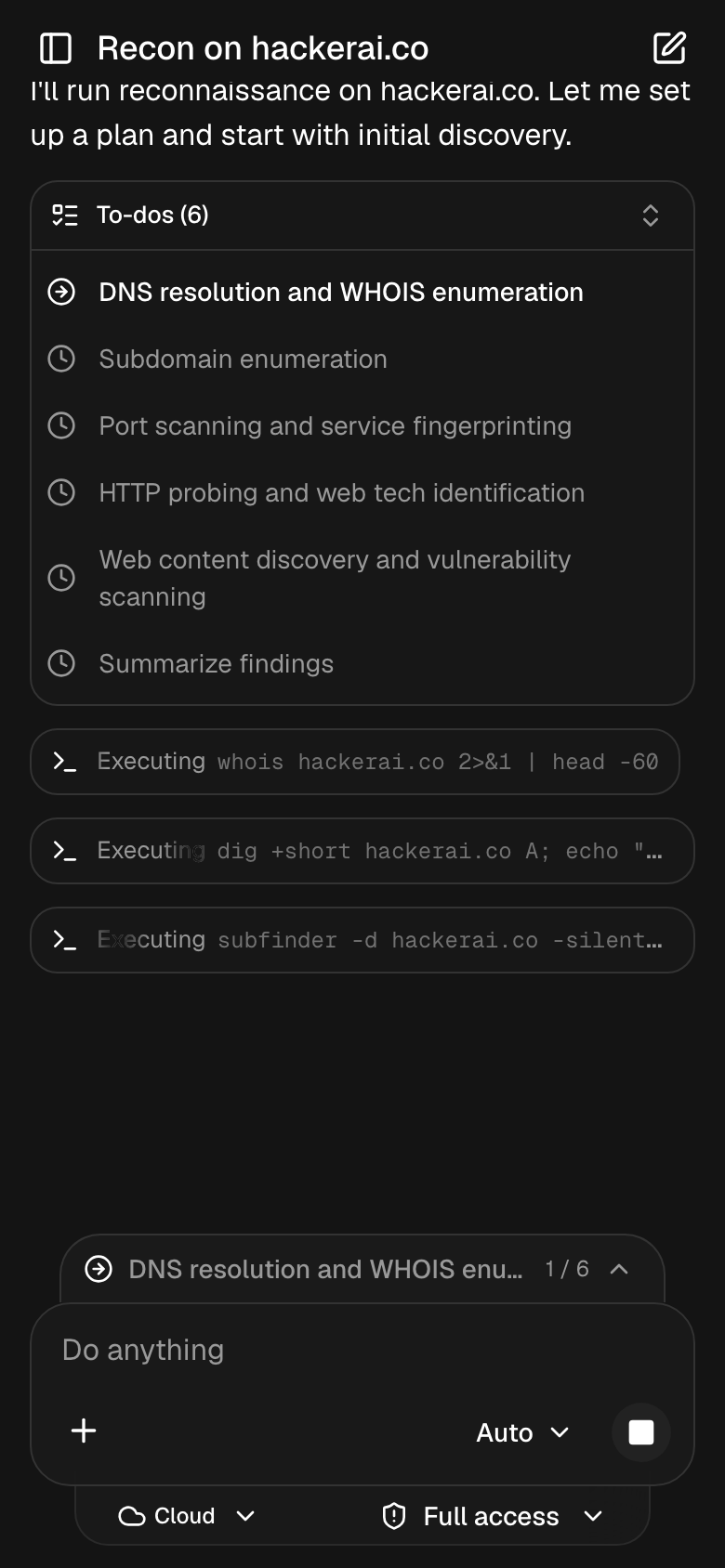 HackerAI mobile web app running the same recon task on a phone